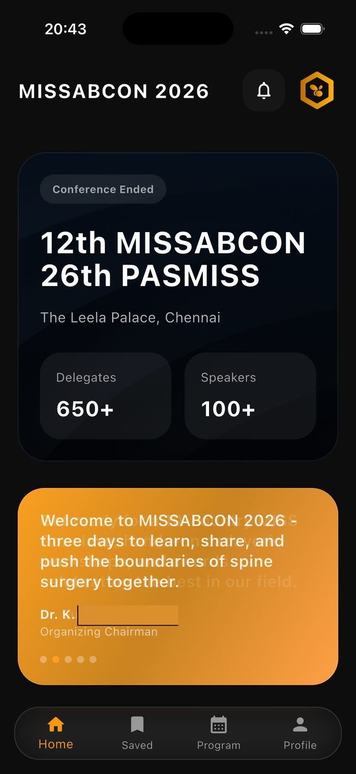 ConfHive app home screen for 12th MISSABCON, showing delegate and speaker counts