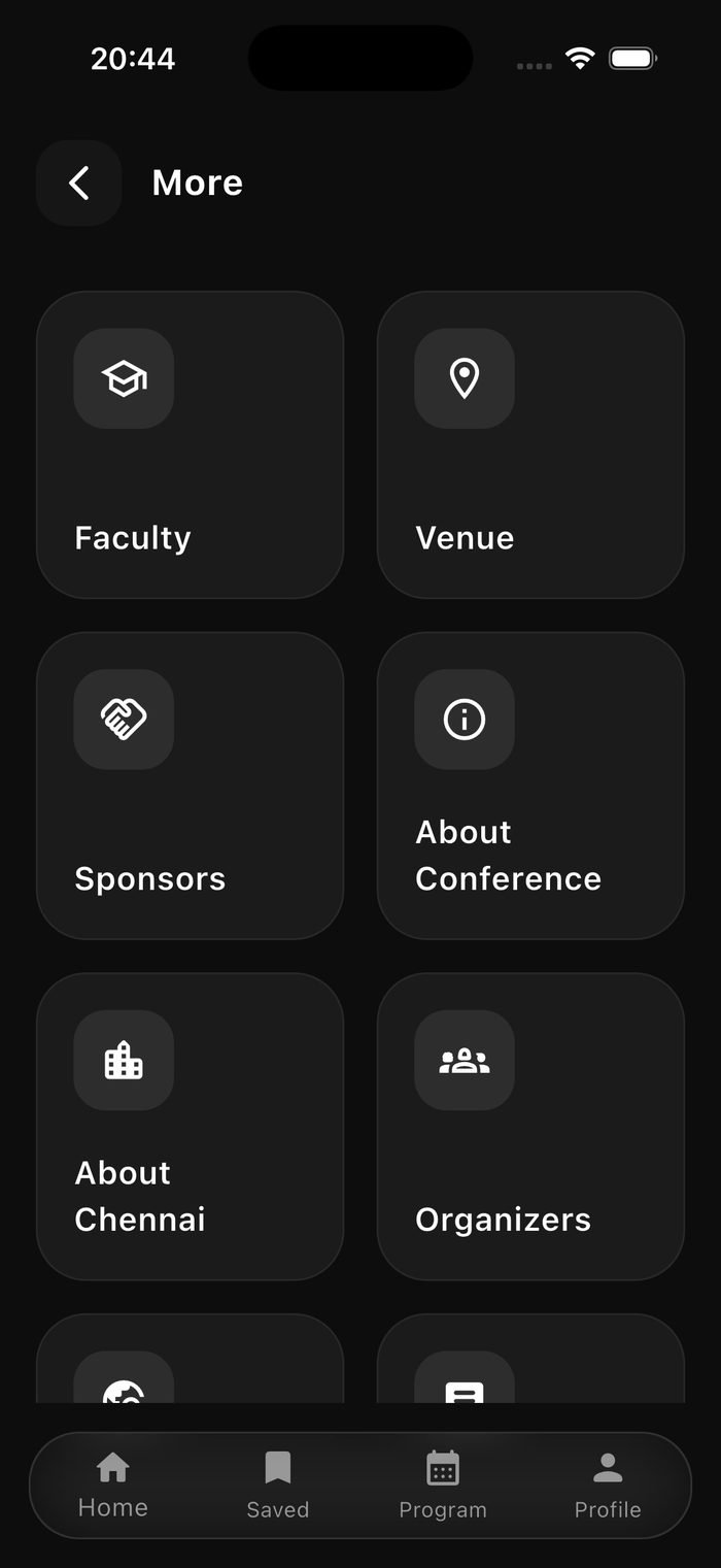 ConfHive app More menu, showing Faculty, Venue, Sponsors, and Organizers